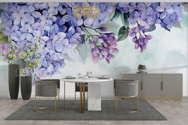 Carta da parati Fiori di ortensia viola vibranti con foglie verdi, che riempiono la cornice su uno, Carta da parati Acquerello, w08223 : Uwalls.it
