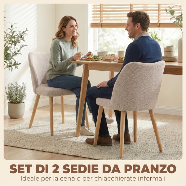 HOMCOM Set di 2 Sedie da Pranzo in Tessuto Effetto Lino e Legno di Caucciù, Seduta Imbottita, Schienale Curvo, Crema | Aosom Italy
