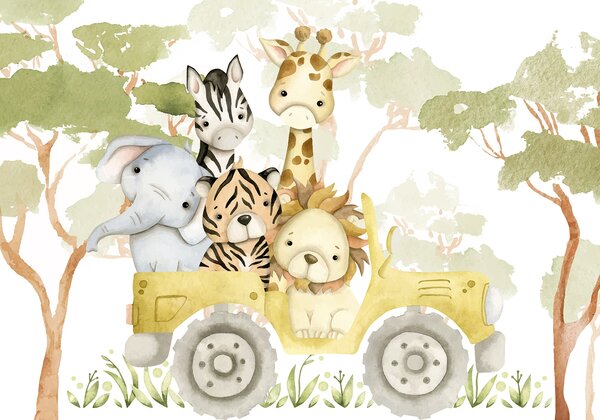 Carta da parati Un camion giocattolo giallo che trasporta una giraffa, una tigre, un coniglio e un, Carta da parati Animali, w08233 : Uwalls.it
