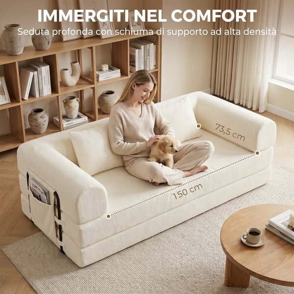 HOMCOM Divano Letto 3 Posti 5 in 1 Pieghevole con 2 Cuscini in Ciniglia, Imbottitura Spessa, Nessun Montaggio, Bianco | Aosom Italy