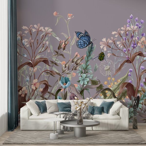 Carta da parati Un'illustrazione viola colorata di una scena di giardino, Carta da parati Animali, Carta da parati Farfalle, w08234v1 : Uwalls.it