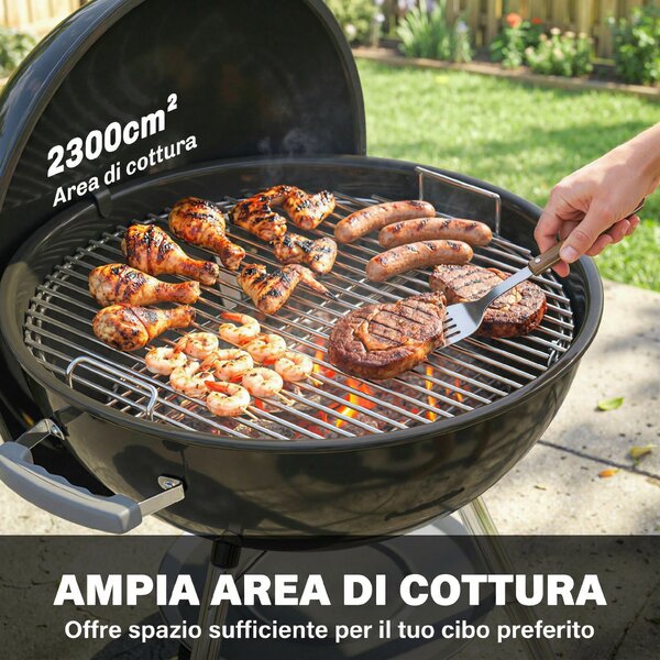 Outsunny barbecue portatile a carbone, griglia esterna rotonda con coperchio, termometro, ruote, nero. | Aosom Italy