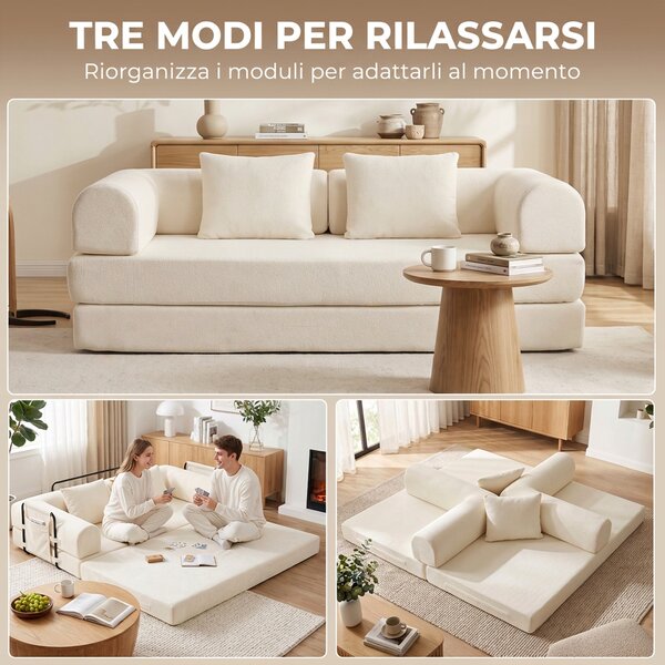 HOMCOM Divano Letto 3 Posti 5 in 1 Pieghevole con 2 Cuscini in Ciniglia, Imbottitura Spessa, Nessun Montaggio, Bianco | Aosom Italy
