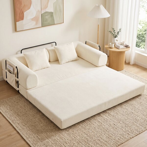 HOMCOM Divano Letto 3 Posti 5 in 1 Pieghevole con 2 Cuscini in Ciniglia, Imbottitura Spessa, Nessun Montaggio, Bianco | Aosom Italy