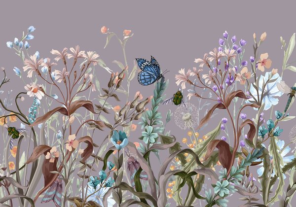 Carta da parati Un'illustrazione viola colorata di una scena di giardino, Carta da parati Animali, Carta da parati Farfalle, w08234v1 : Uwalls.it