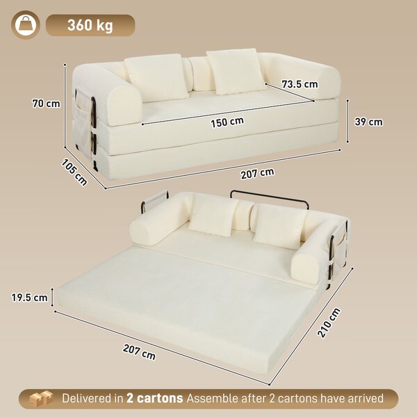 HOMCOM Divano Letto 3 Posti 5 in 1 Pieghevole con 2 Cuscini in Ciniglia, Imbottitura Spessa, Nessun Montaggio, Bianco | Aosom Italy