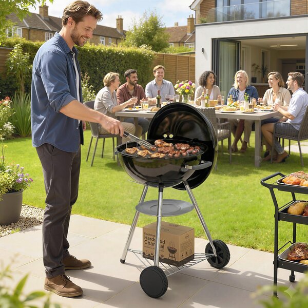 Outsunny barbecue portatile a carbone, griglia esterna rotonda con coperchio, termometro, ruote, nero. | Aosom Italy