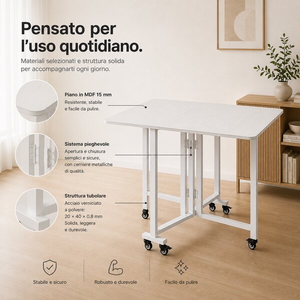 Tavolo Pieghevole Multiuso 120x80x75 cm con 4 Ruote con Freno in MDF Bianco Frassinato