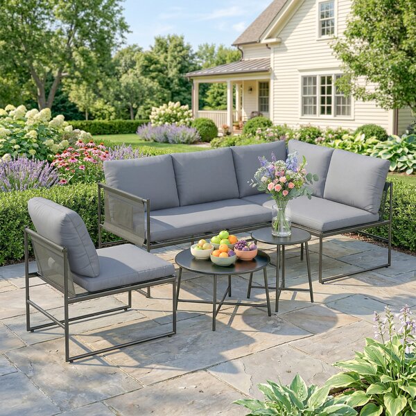 Outsunny Set Lounge da Giardino per 4-5 Persone, Set Lounge da Giardino con Divano 2 Posti, Tavolino, Poltrona e Cuscini Spessi Lavabili | Aosom Italy