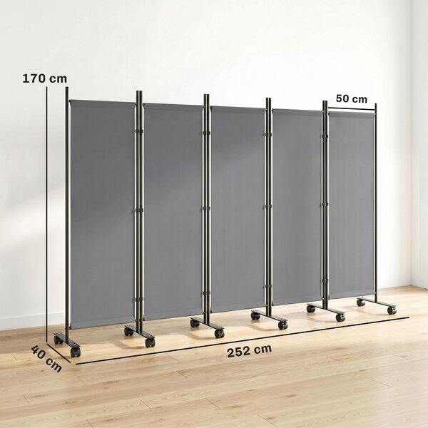 Outsunny Paravento Pieghevole a 5 Pannelli con 12 Ruote, 252x40x170 cm, Grigio Scuro | Aosom Italy