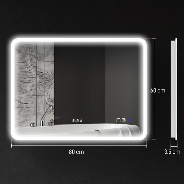 HOMCOM Specchio Bagno LED con Bluetooth, Illuminazione Regolabile e Funzione Memory, in Vetro Temperato, 80x60x3.5 cm | Aosom Italy