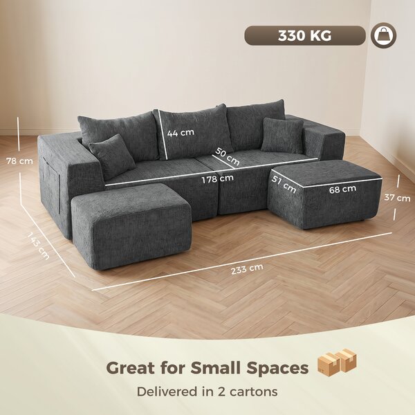 HOMCOM Divano Modulare a U 3 Posti Senza Struttura con 2 Pouf, Seduta e Braccioli Ampi, Ciniglia, Grigio Scuro | Aosom Italy