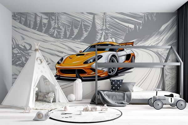Carta da parati Auto sportiva gialla e bianca su una strada innevata, Carta da parati Tecnica e trasporto, Carta da parati popolare, w00954 - Tapeko.it
