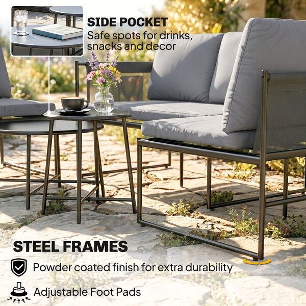 Outsunny Set Lounge da Giardino per 4-5 Persone, Set Lounge da Giardino con Divano 2 Posti, Tavolino, Poltrona e Cuscini Spessi Lavabili | Aosom Italy