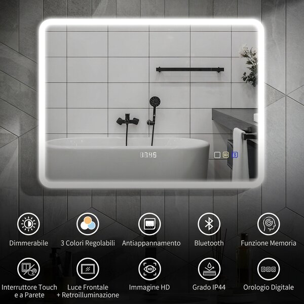 HOMCOM Specchio Bagno LED con Bluetooth, Illuminazione Regolabile e Funzione Memory, in Vetro Temperato, 80x60x3.5 cm | Aosom Italy
