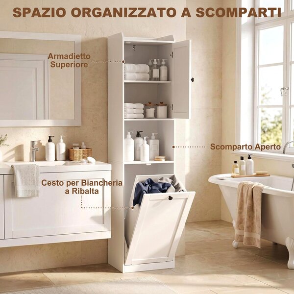 HOMCOM Mobile da Bagno Alto 170 cm, Armadietto Stretto da Terra con Cesto Portabiancheria Ribaltabile, Bianco | Aosom Italy
