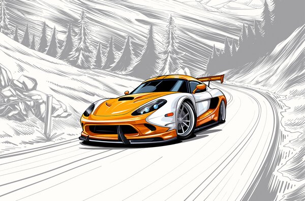 Carta da parati Auto sportiva gialla e bianca su una strada innevata, Carta da parati Tecnica e trasporto, Carta da parati popolare, w00954 - Tapeko.it