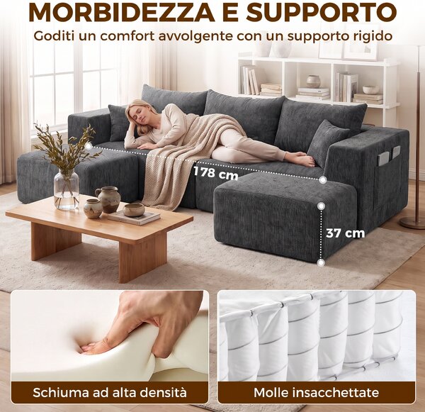 HOMCOM Divano Modulare a U 3 Posti Senza Struttura con 2 Pouf, Seduta e Braccioli Ampi, Ciniglia, Grigio Scuro | Aosom Italy