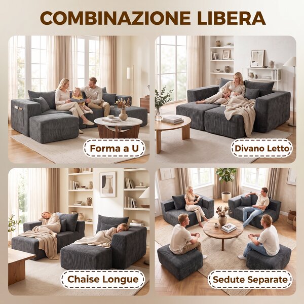 HOMCOM Divano Modulare a U 3 Posti Senza Struttura con 2 Pouf, Seduta e Braccioli Ampi, Ciniglia, Grigio Scuro | Aosom Italy