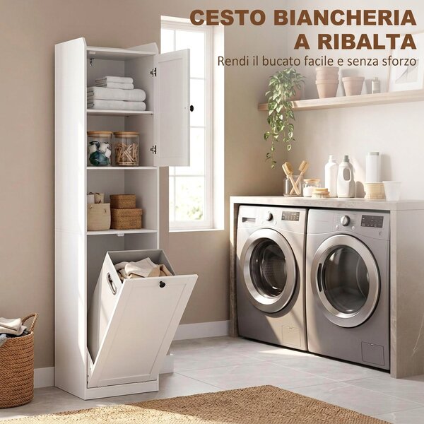 HOMCOM Mobile da Bagno Alto 170 cm, Armadietto Stretto da Terra con Cesto Portabiancheria Ribaltabile, Bianco | Aosom Italy