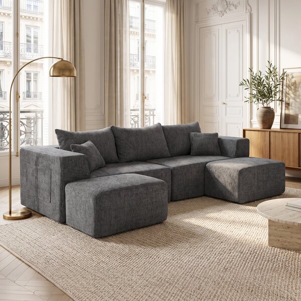HOMCOM Divano Modulare a U 3 Posti Senza Struttura con 2 Pouf, Seduta e Braccioli Ampi, Ciniglia, Grigio Scuro | Aosom Italy
