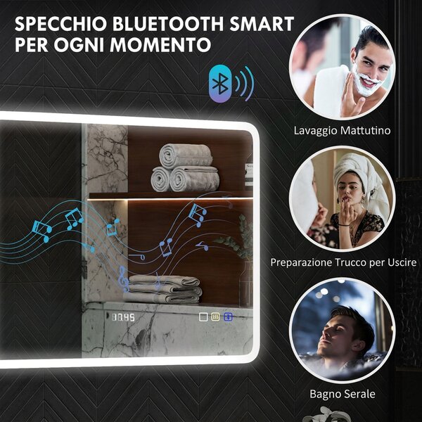 HOMCOM Specchio Bagno LED con Bluetooth, Illuminazione Regolabile e Funzione Memory, in Vetro Temperato, 80x60x3.5 cm | Aosom Italy