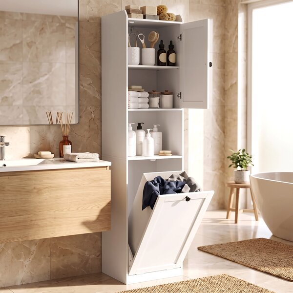 HOMCOM Mobile da Bagno Alto 170 cm, Armadietto Stretto da Terra con Cesto Portabiancheria Ribaltabile, Bianco | Aosom Italy