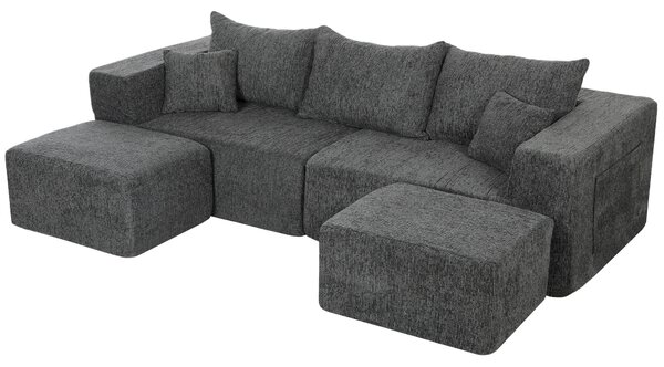 HOMCOM Divano Modulare a U 3 Posti Senza Struttura con 2 Pouf, Seduta e Braccioli Ampi, Ciniglia, Grigio Scuro | Aosom Italy