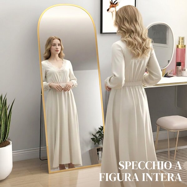HOMCOM Specchio da Terra e Parete Moderno con Struttura in Lega di Alluminio e Supporto Pieghevole, 59x161.5cm, Oro | Aosom Italy