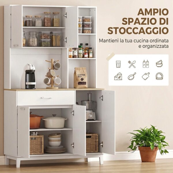HOMCOM Credenza Cucina Alta, Mobile Dispensa Moderno con 5 Ante, Cassetto, Ripiani Regolabili, Piano d'Appoggio, Bianco | Aosom Italy