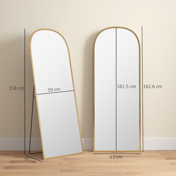 HOMCOM Specchio da Terra e Parete Moderno con Struttura in Lega di Alluminio e Supporto Pieghevole, 59x161.5cm, Oro | Aosom Italy