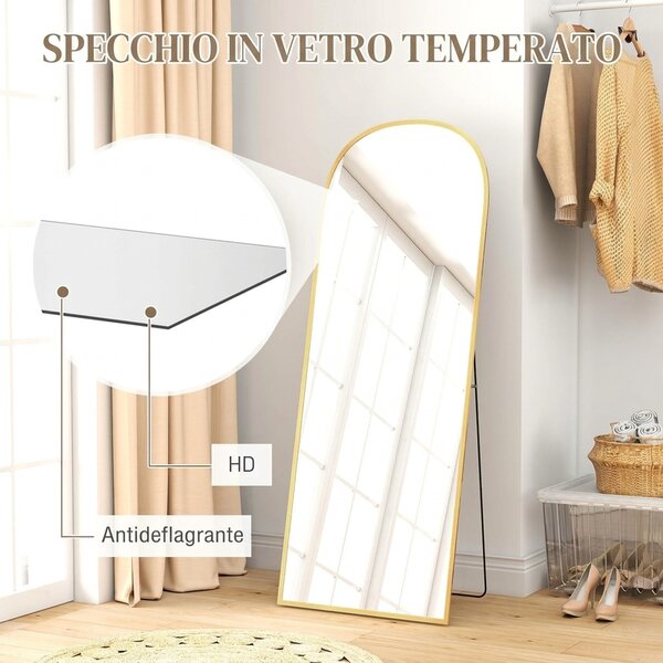 HOMCOM Specchio da Terra e Parete Moderno con Struttura in Lega di Alluminio e Supporto Pieghevole, 59x161.5cm, Oro | Aosom Italy