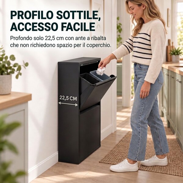HOMCOM Pattumiera Differenziata a Ribalta 4x15L in Acciaio, 4 Secchi Rimovibili, Chiusura Ammortizzata, Nero | Aosom Italy