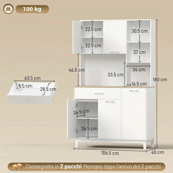HOMCOM Credenza Cucina Alta, Mobile Dispensa Moderno con 5 Ante, Cassetto, Ripiani Regolabili, Piano d'Appoggio, Bianco | Aosom Italy