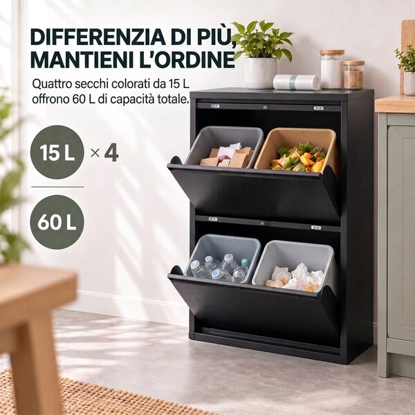 HOMCOM Pattumiera Differenziata a Ribalta 4x15L in Acciaio, 4 Secchi Rimovibili, Chiusura Ammortizzata, Nero | Aosom Italy
