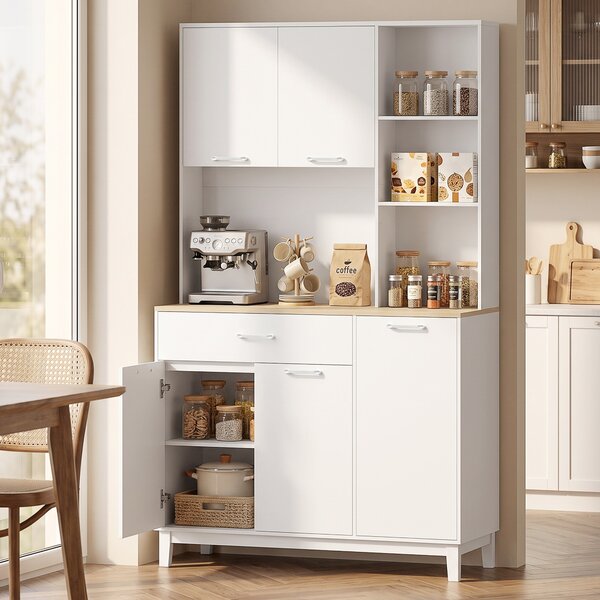 HOMCOM Credenza Cucina Alta, Mobile Dispensa Moderno con 5 Ante, Cassetto, Ripiani Regolabili, Piano d'Appoggio, Bianco | Aosom Italy