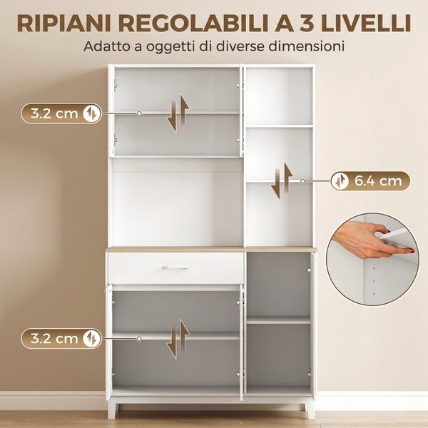 HOMCOM Credenza Cucina Alta, Mobile Dispensa Moderno con 5 Ante, Cassetto, Ripiani Regolabili, Piano d'Appoggio, Bianco | Aosom Italy