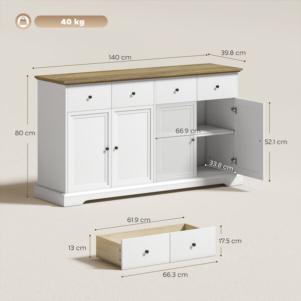 HOMCOM Credenza Cucina con 4 Ante Soft-Close, 2 Cassetti, Piano di Lavoro Marrone, Ripiani Regolabili, Bianco | Aosom Italy