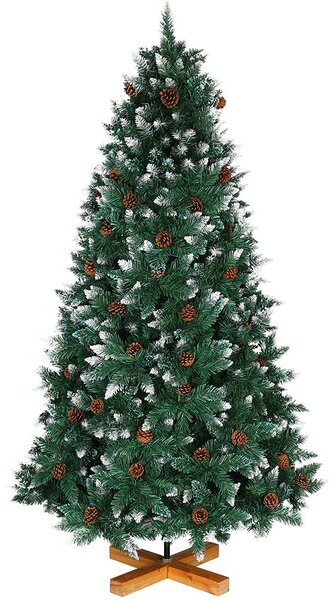Albero di Natale Innevato King Premium 180 cm 831 Rami con Pigne e Base in Legno Verde