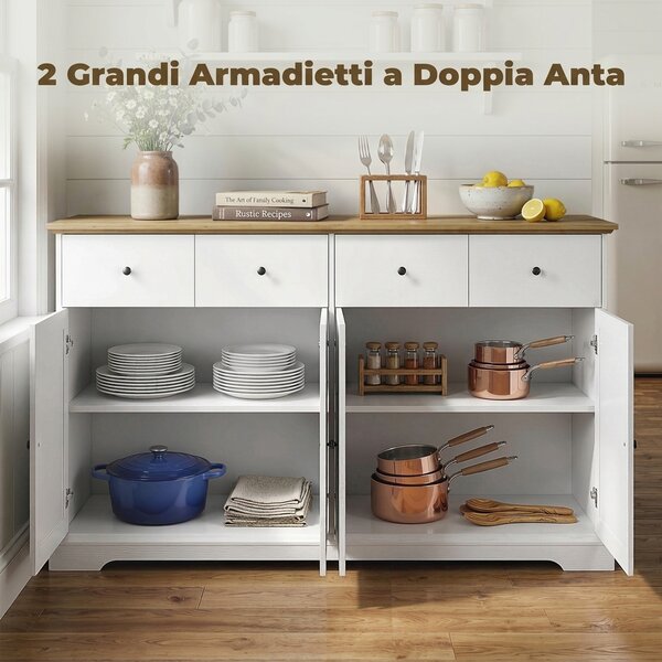 HOMCOM Credenza Cucina con 4 Ante Soft-Close, 2 Cassetti, Piano di Lavoro Marrone, Ripiani Regolabili, Bianco | Aosom Italy