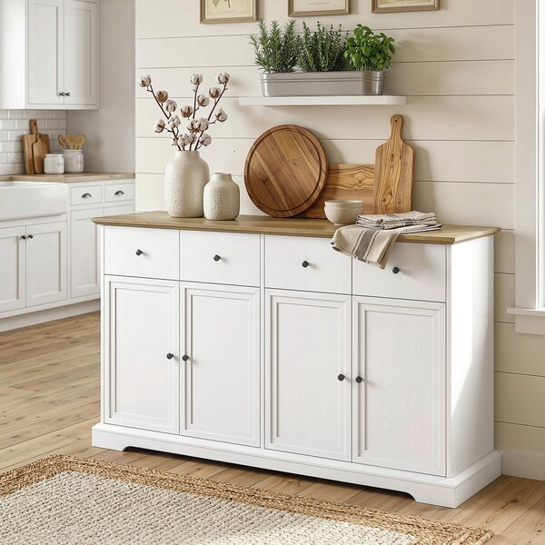 HOMCOM Credenza Cucina con 4 Ante Soft-Close, 2 Cassetti, Piano di Lavoro Marrone, Ripiani Regolabili, Bianco | Aosom Italy