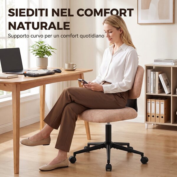HOMCOM Sedia Ufficio Girevole con Schienale Curvo, Senza Braccioli, in Ciniglia, Altezza Regolabile, Portata 120kg, Rosa | Aosom Italy
