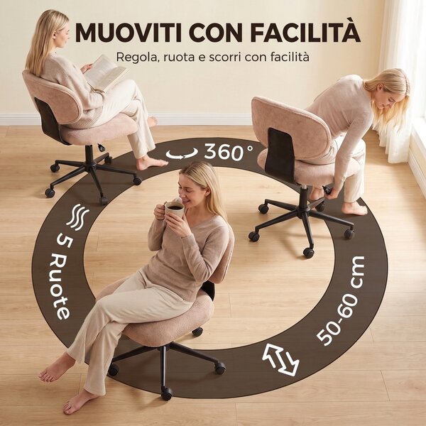 HOMCOM Sedia Ufficio Girevole con Schienale Curvo, Senza Braccioli, in Ciniglia, Altezza Regolabile, Portata 120kg, Rosa | Aosom Italy