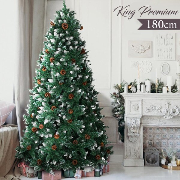 Albero di Natale Innevato King Premium 180 cm 831 Rami con Pigne e Base in Legno Verde