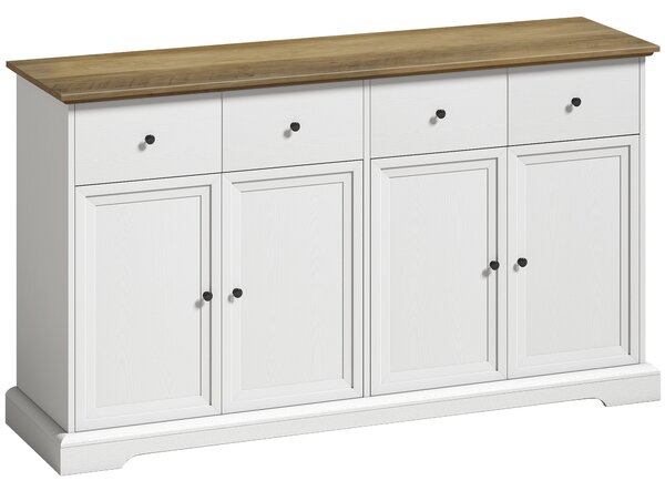 HOMCOM Credenza Cucina con 4 Ante Soft-Close, 2 Cassetti, Piano di Lavoro Marrone, Ripiani Regolabili, Bianco | Aosom Italy