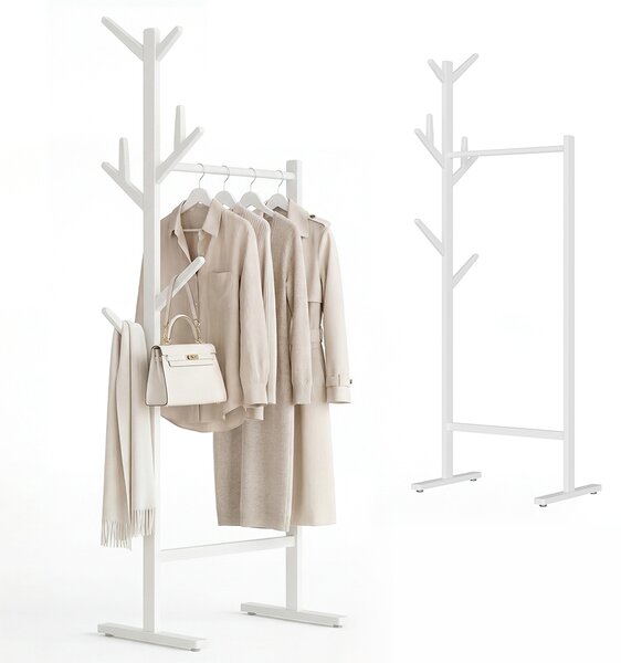 Stand Appendiabiti in Bambù 65x40x132-170 cm con 8 Ganci e Barra Portata 120 kg Bianco