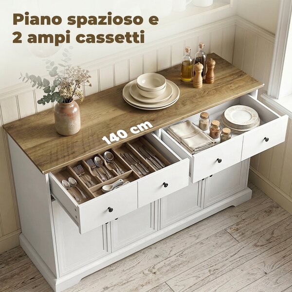 HOMCOM Credenza Cucina con 4 Ante Soft-Close, 2 Cassetti, Piano di Lavoro Marrone, Ripiani Regolabili, Bianco | Aosom Italy
