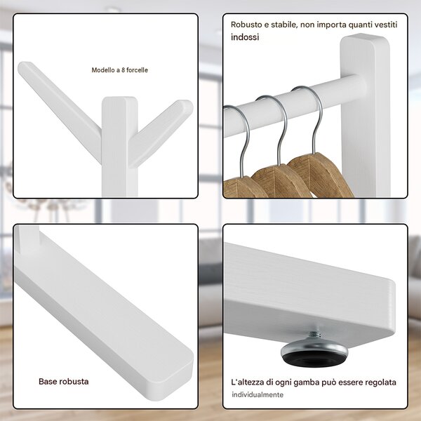 Stand Appendiabiti in Bambù 65x40x132-170 cm con 8 Ganci e Barra Portata 120 kg Bianco