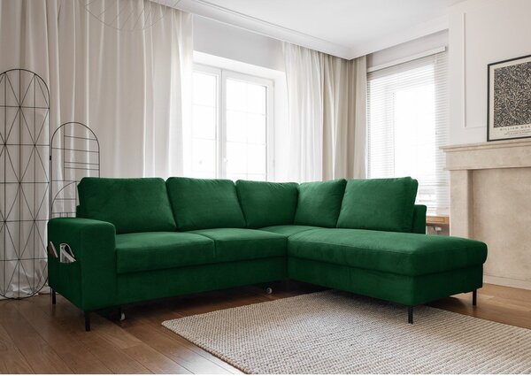Divano letto angolare in velluto a coste verde scuro (angolo destro) Lofty Lilly - Miuform