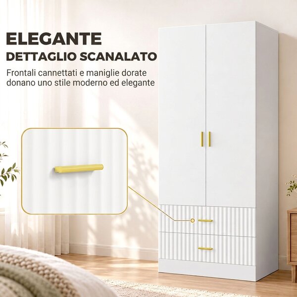 HOMCOM Armadio Guardaroba 170 cm con Asta Appendiabiti, 2 Ante e 2 Cassetti Scanalati per Camera da Letto, Bianco | Aosom Italy